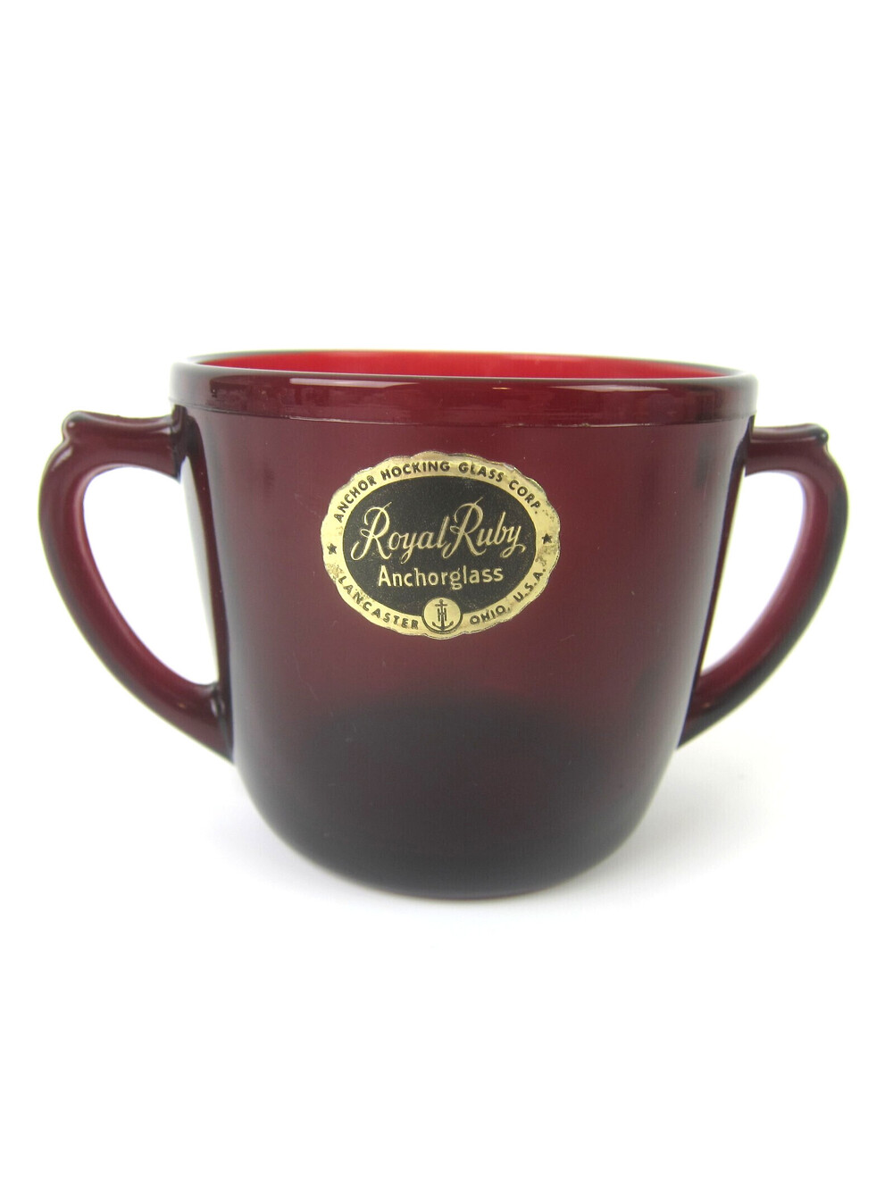 Vintage Anchor Hocking Royal Ruby Red Glass Two Handled Sugar Bowl w/ Sticker
